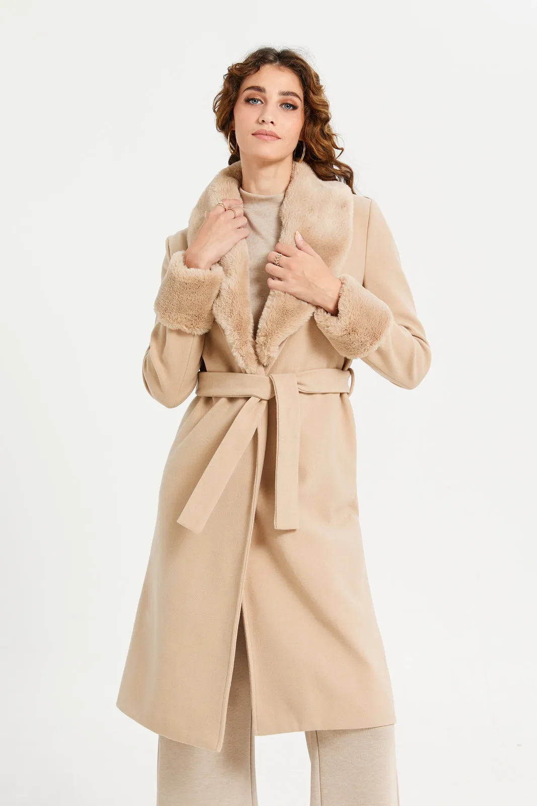 Women Beige Faux Fur Belted Coat