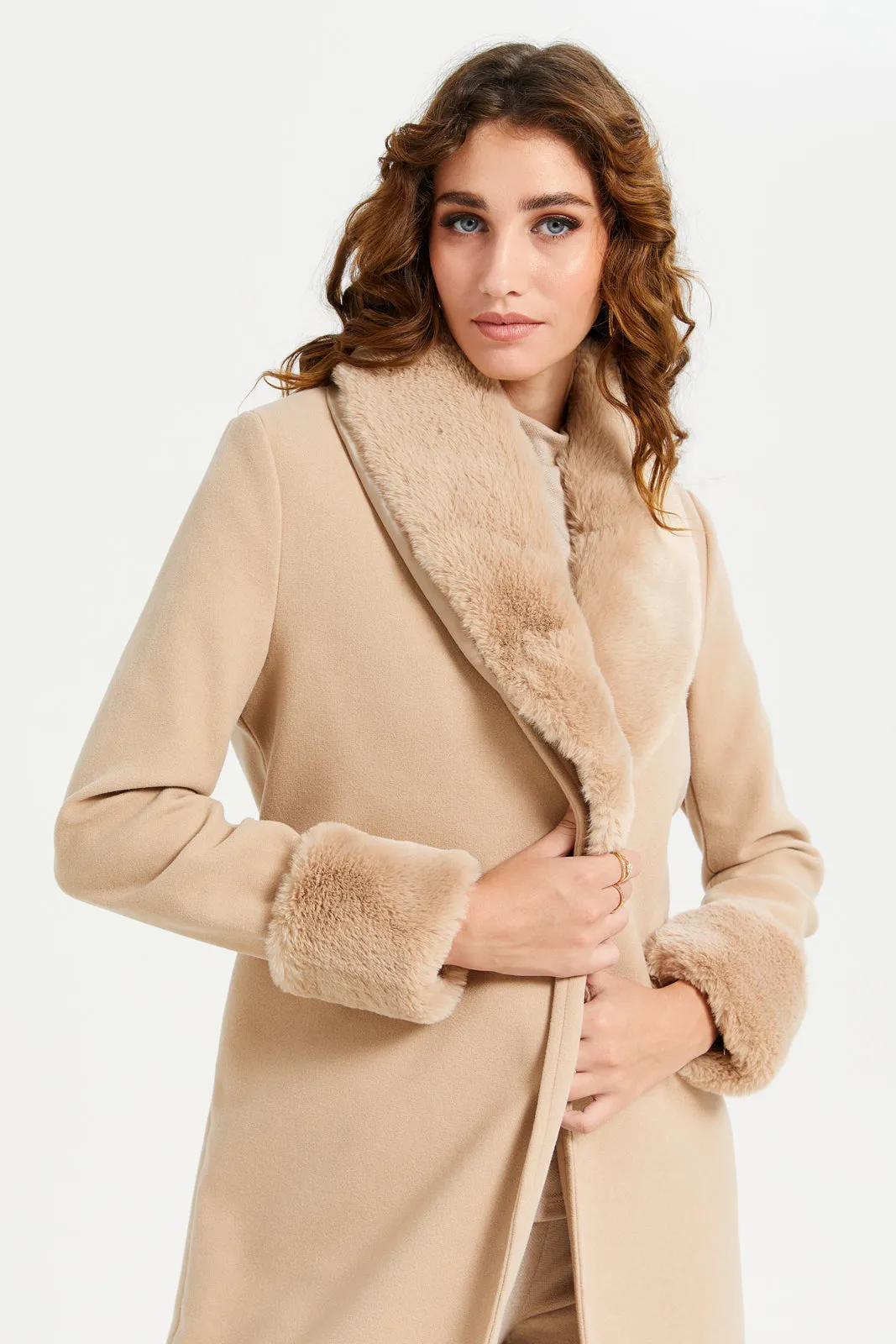 Women Beige Faux Fur Belted Coat