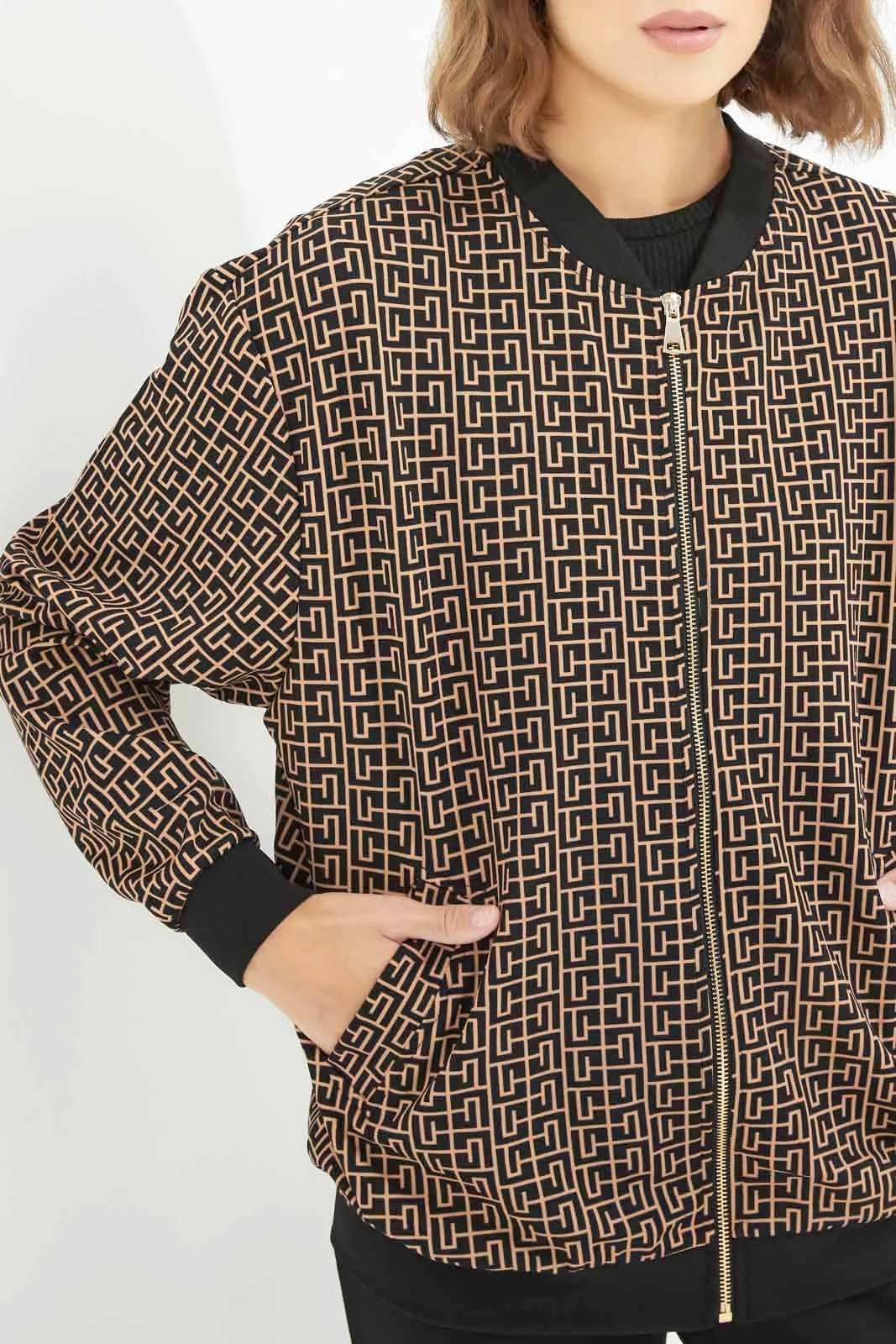 Women Brown And Black Printed Bomber Jacket