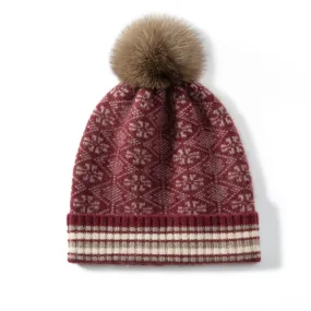 Women Cashmere Winter Ribbed Cuffed Beanie Hat with Fur Pom Knit Ski Hat