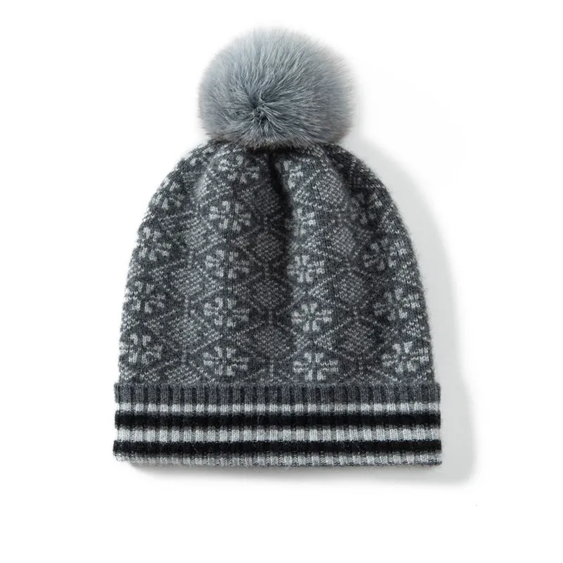 Women Cashmere Winter Ribbed Cuffed Beanie Hat with Fur Pom Knit Ski Hat