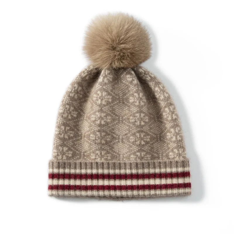 Women Cashmere Winter Ribbed Cuffed Beanie Hat with Fur Pom Knit Ski Hat