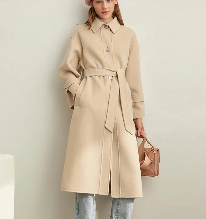 Women Long Wool Coat Handmade Winter Woolen Coat Jacket Waist Belt/3211