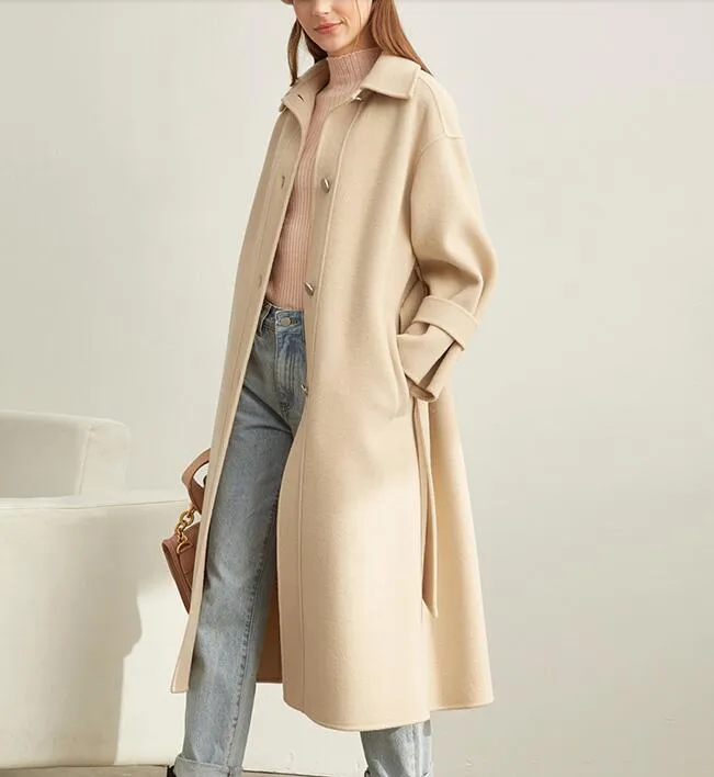 Women Long Wool Coat Handmade Winter Woolen Coat Jacket Waist Belt/3211