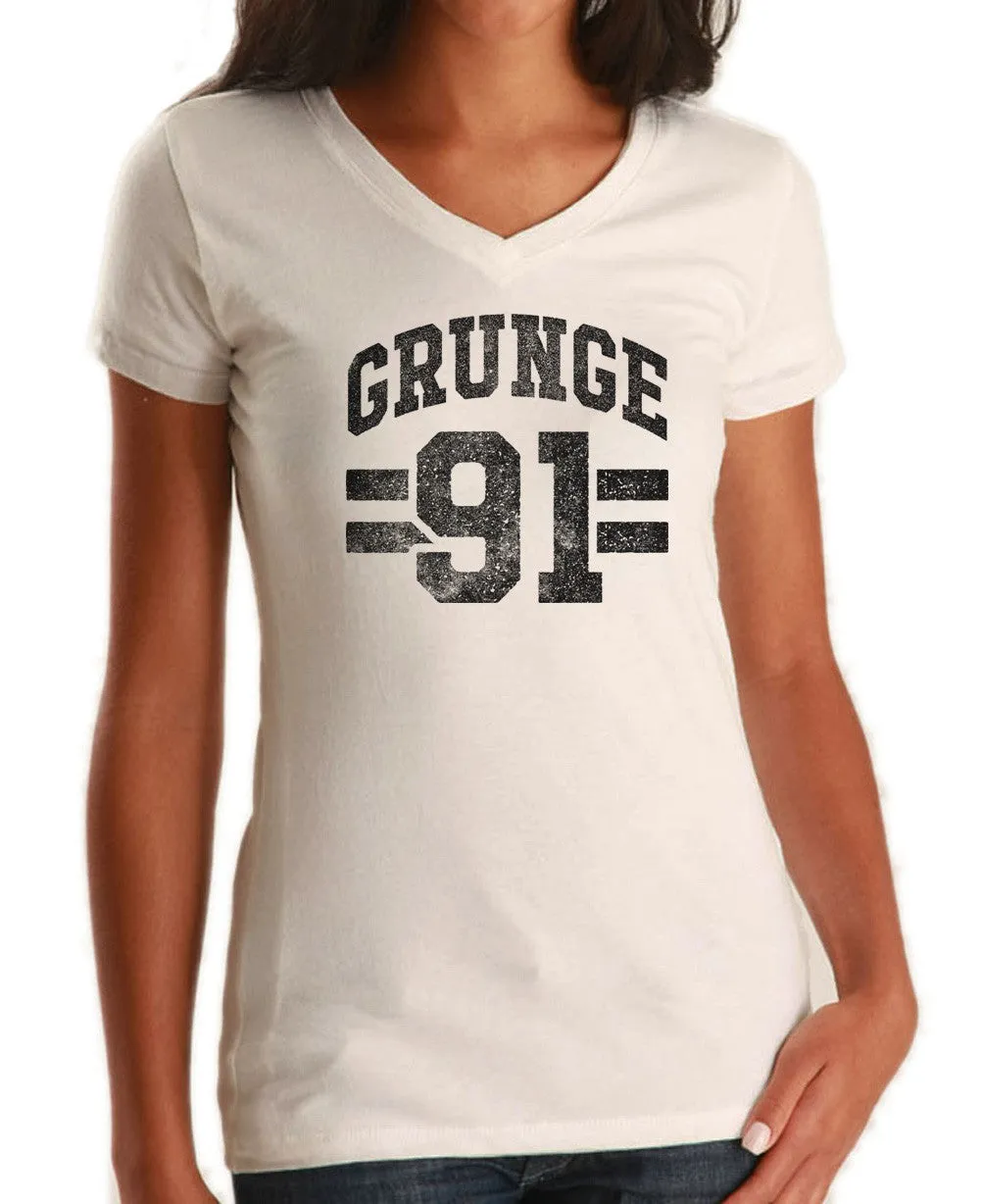 Women's Grunge 91 Vneck T-Shirt - Alternative 90s Music Punk Grunge Rock and Roll