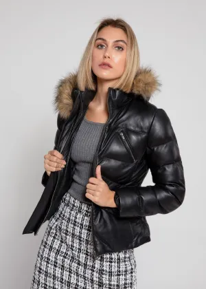 Women's Joselyn Black Puffer Winter Down Leather Jacket with Fur