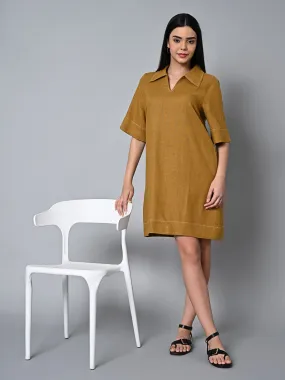 Women's Mustard Linen Viscose Regular Fit Dress