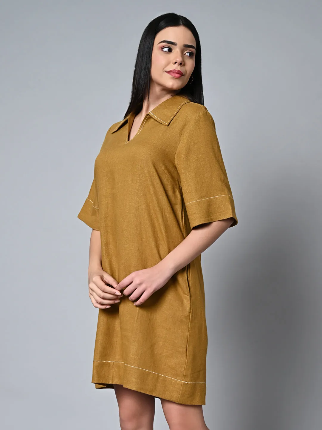 Women's Mustard Linen Viscose Regular Fit Dress