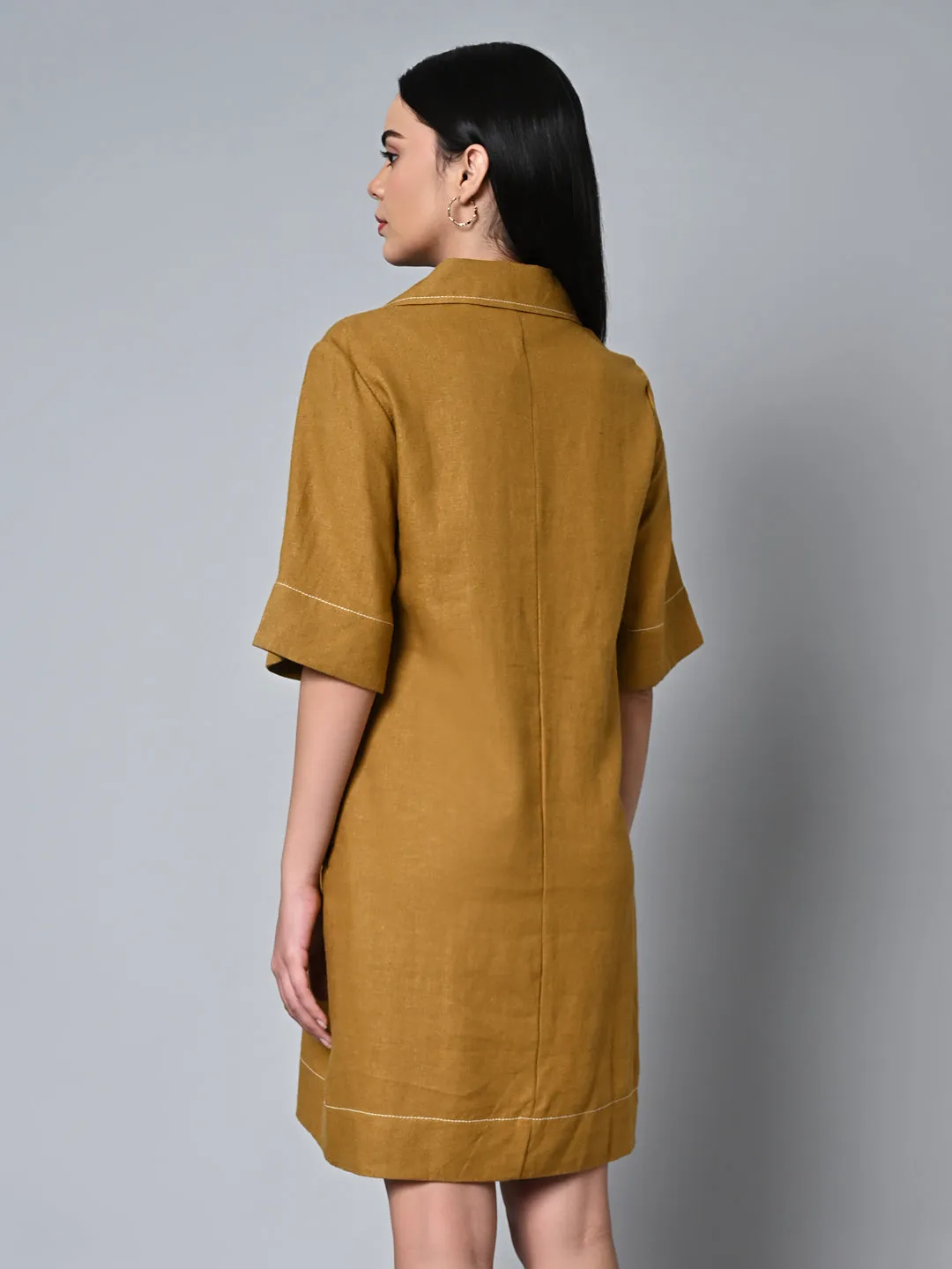 Women's Mustard Linen Viscose Regular Fit Dress