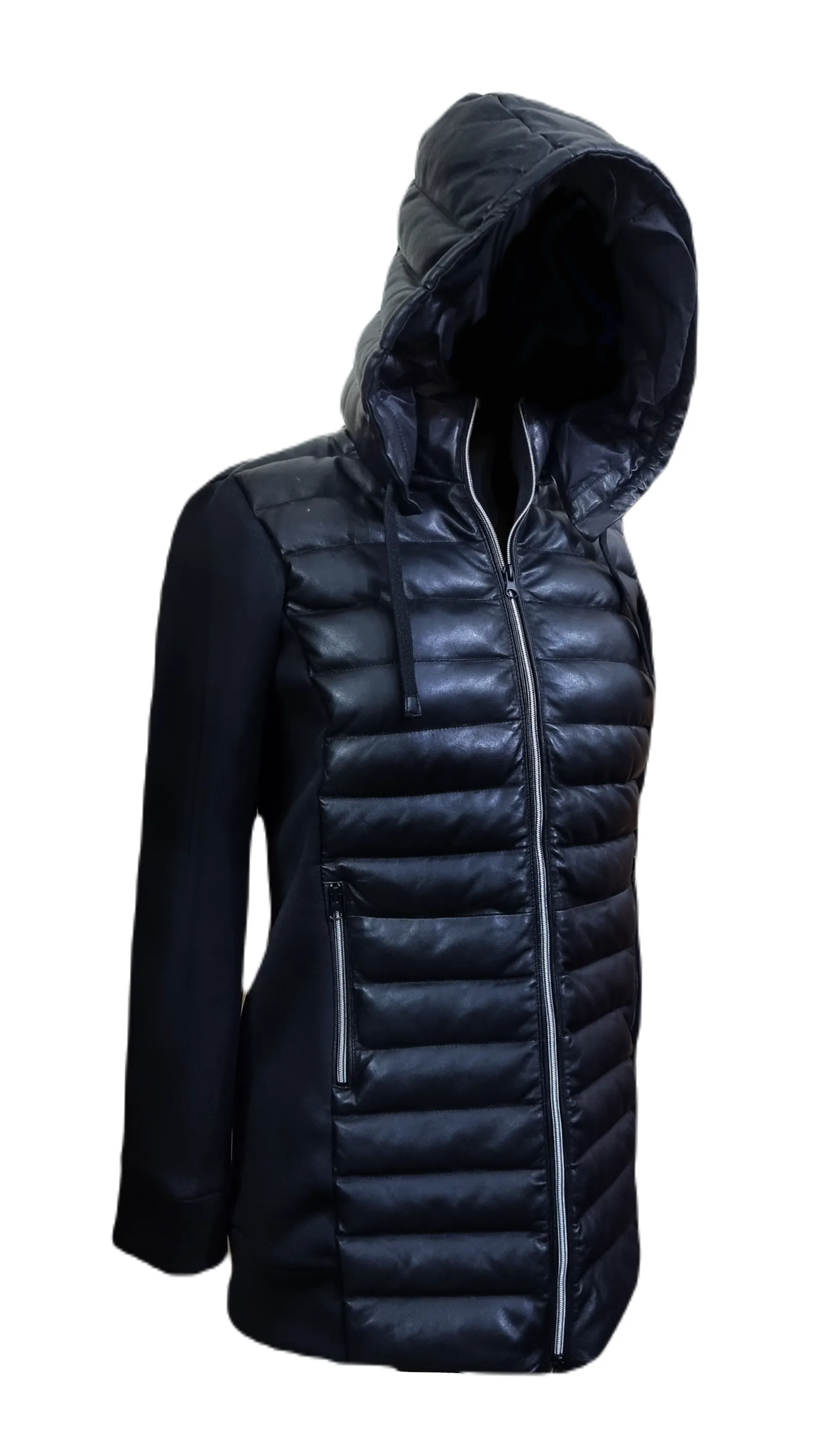 Womens Puffer Jacket Biker Style Lambskin Black Leather Outwear Hooded Jacket - ELF57