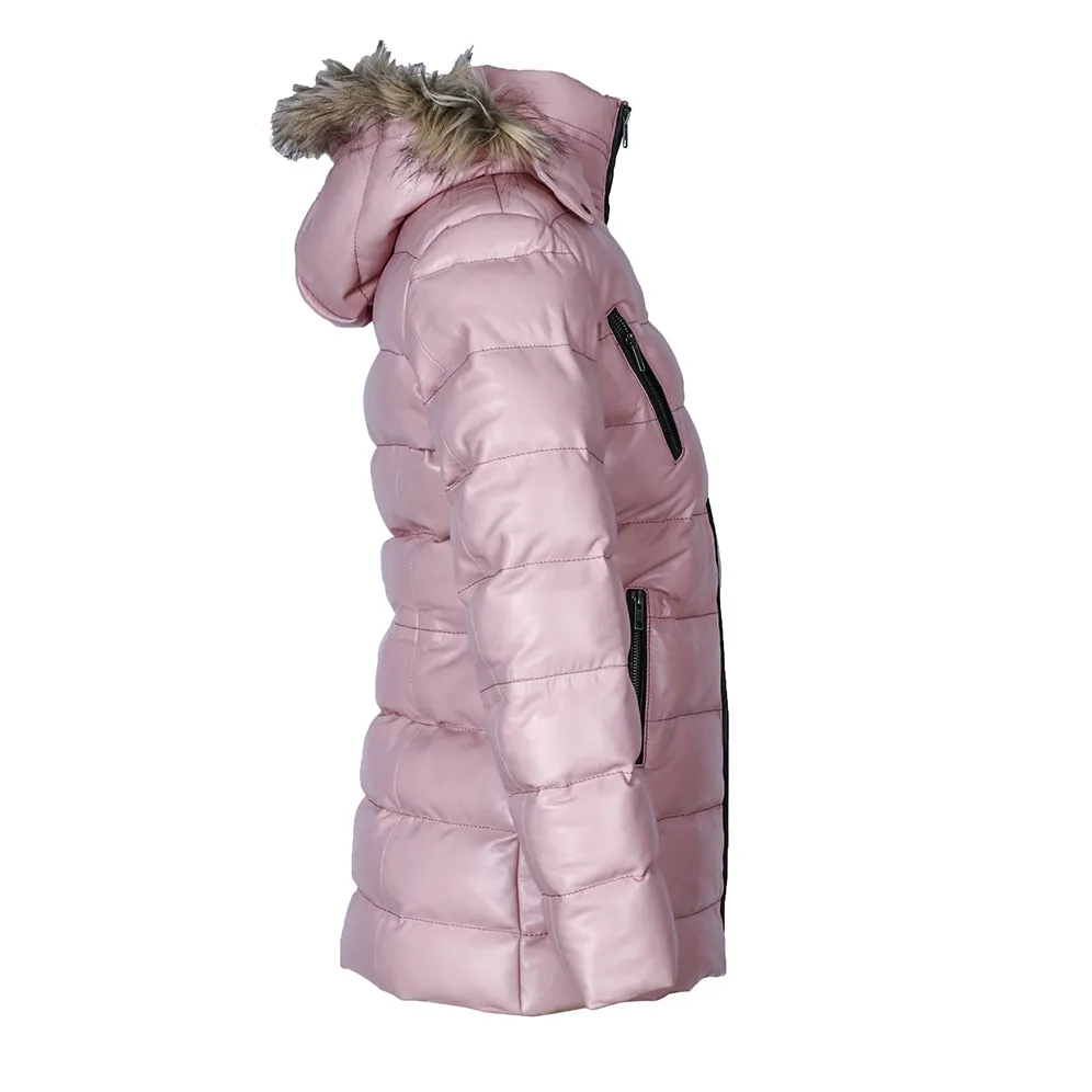 Womens Selina Puffer Leather Jacket with Fur Hoodie (Pink)