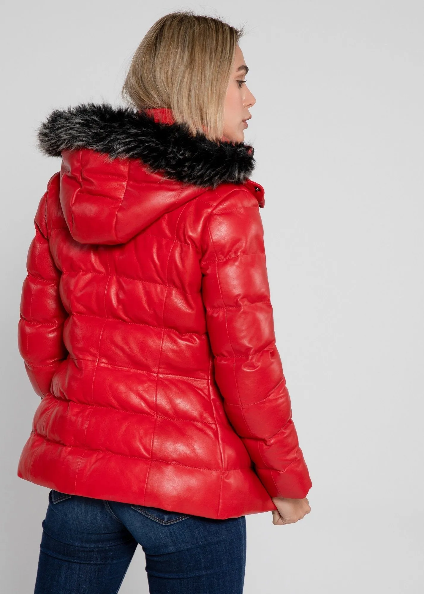 Women's Striking Puffer Arctic Red Down Leather Jacket with Fur