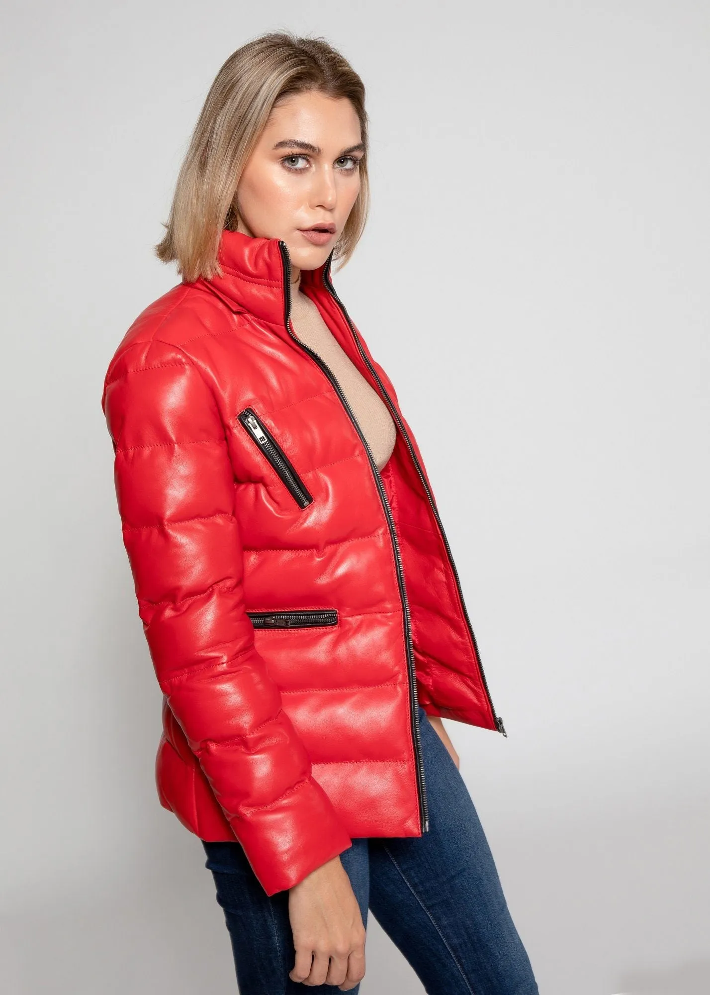 Women's Striking Puffer Arctic Red Down Leather Jacket with Fur