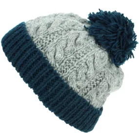 Wool Cable Knit Beanie Bobble Hat - Grey & Navy