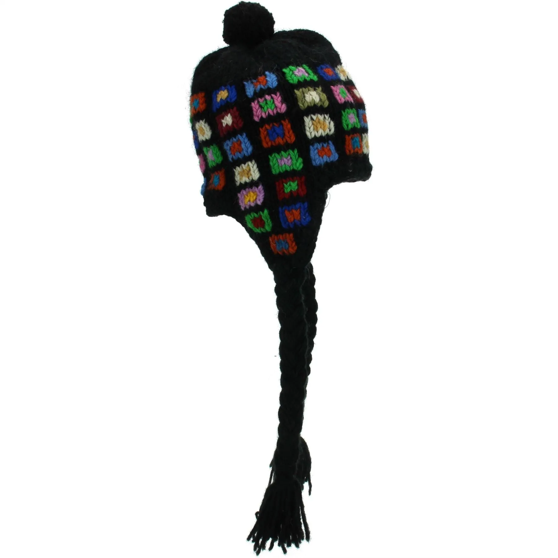 Wool Knit Earflap Bobble Hat - Square Black