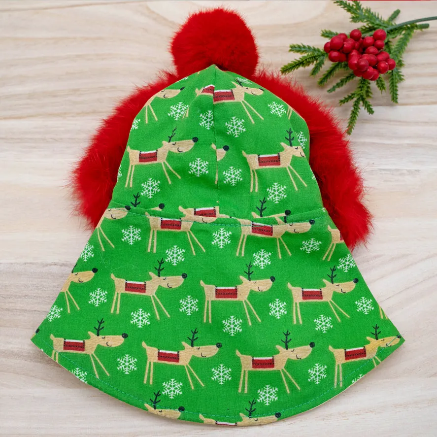 Xmas Hoodie Cape - Lawn Green Reindeer Prints with Red Faux Fur Trimmings