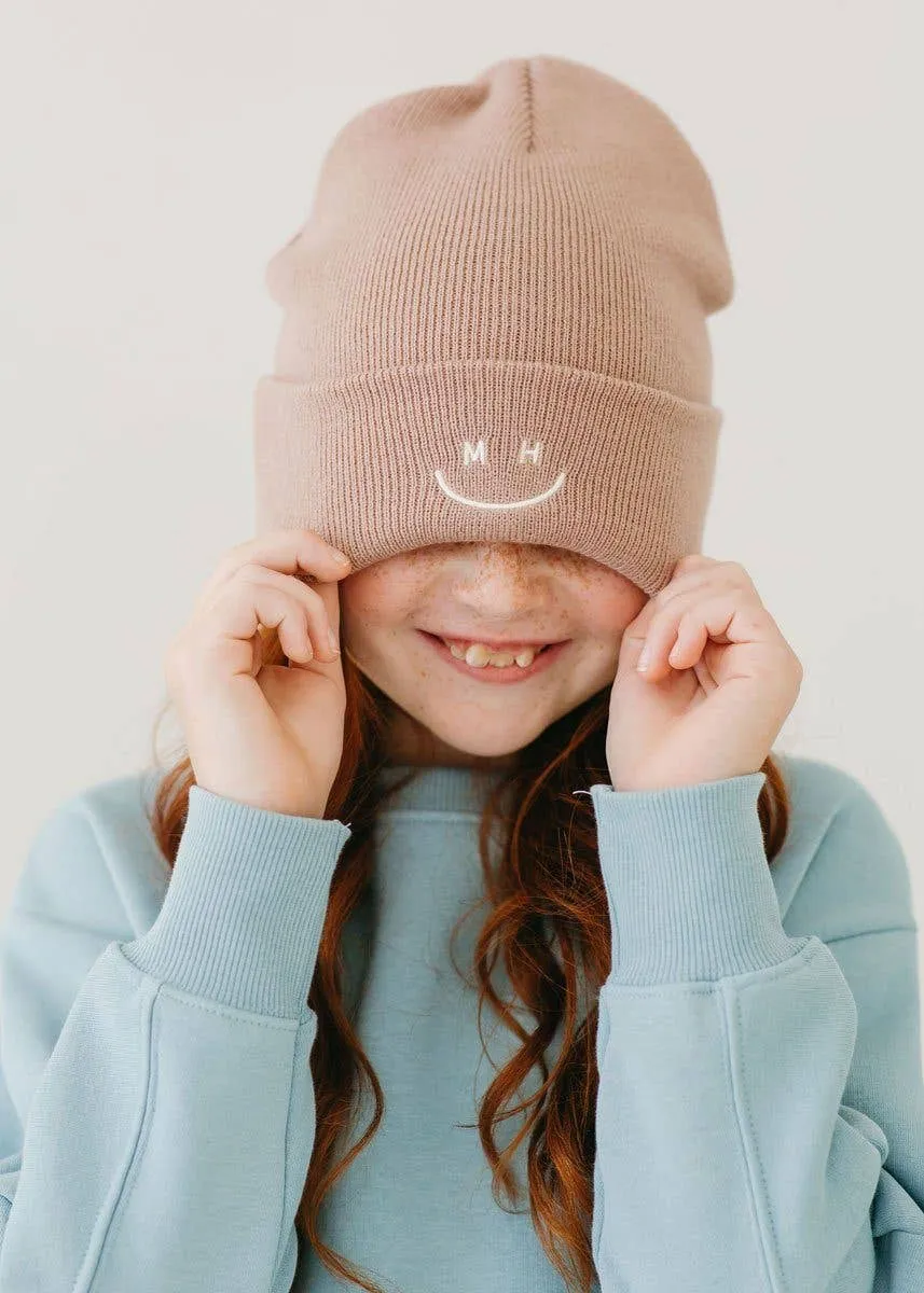 Youth Knit Smiley Cuff Beanie - Taupe